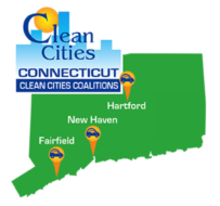 Connecticut Clean Cities Coalitions logo - CT state outline with points at the three coalition locations: Fairfield, New Haven, and Hartford.