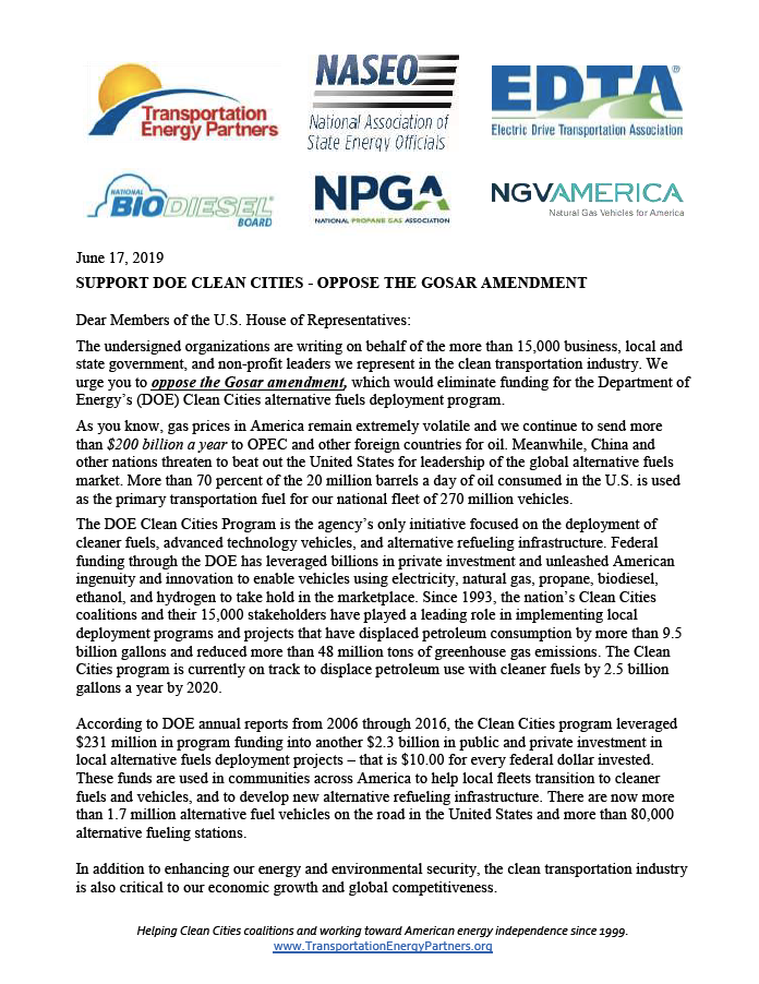 Out letter to the U.S. House of Representatives to support Clean Cities and oppose the Gosar amendment.